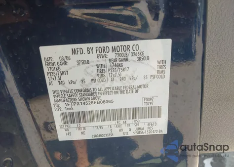 2006 Ford F-150 Fx4/Lariat/Xl/Xlt из США, поврежденный, VIN 1FTPX14526FB08065